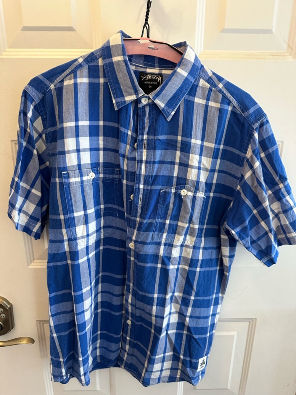 Stussy Blue and White Plaid Short-Sleeve Button-Up Shirt